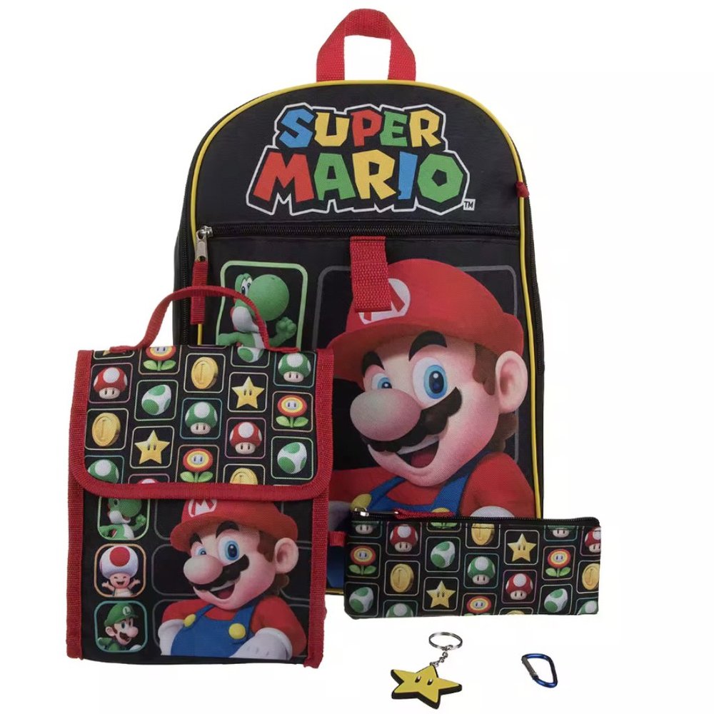 Bioworld 5 Piece Super Mario Backpack | Lunch Bag, Key Chain, Utility Case, Clip